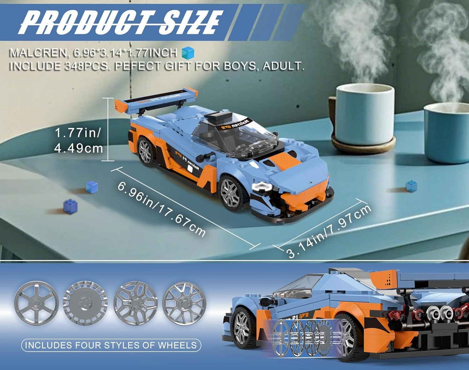 Building-Set Race-Car, Gulf Style Sports Cars Technical Model Kit with 4 Swappable Wheel Rims, Block Birthday Gift Toy for Boy Teen Adult Age 8-12 Year Kid 6 , DIY Speed Display Icons