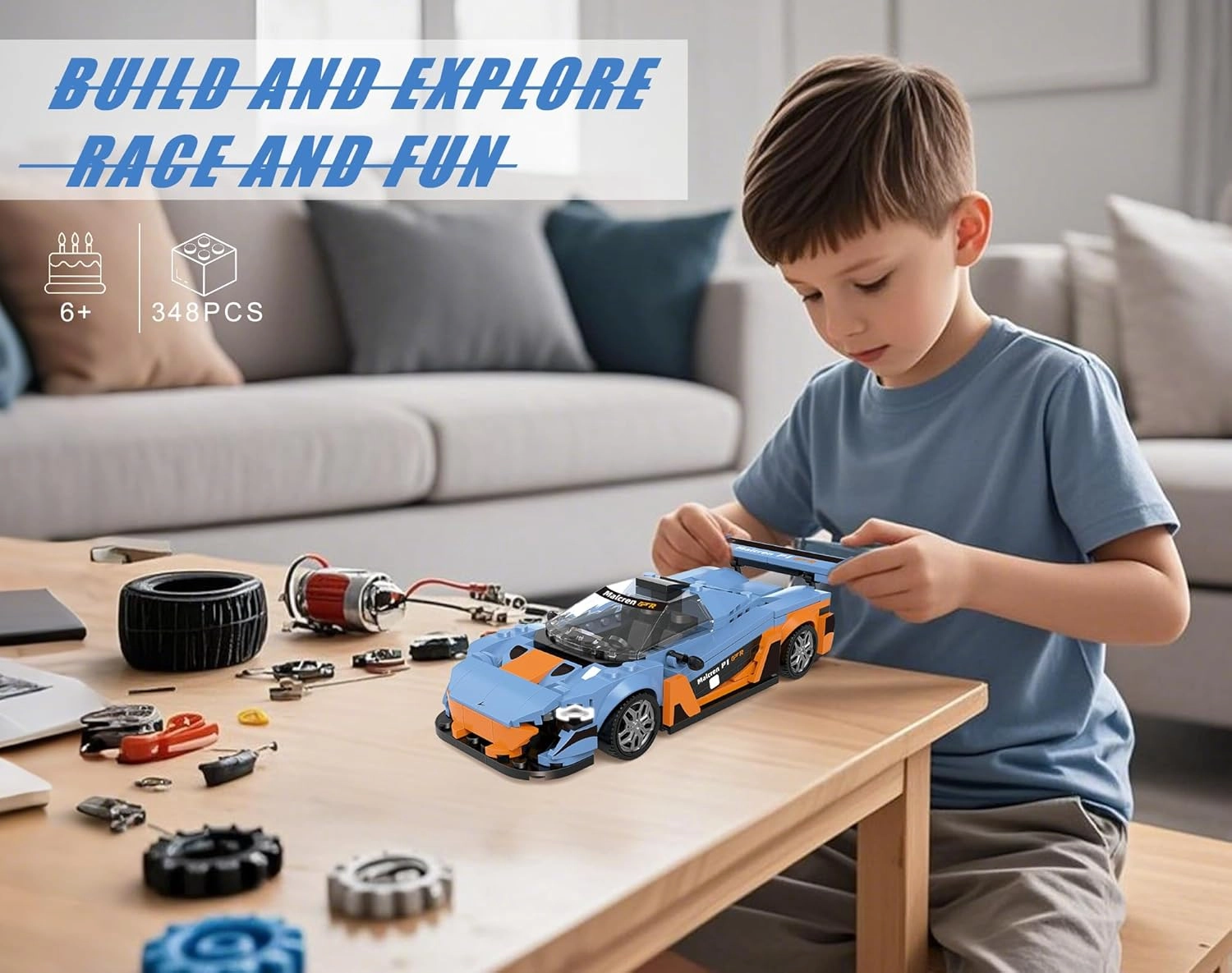 Building-Set Race-Car, Gulf Style Sports Cars Technical Model Kit with 4 Swappable Wheel Rims, Block Birthday Gift Toy for Boy Teen Adult Age 8-12 Year Kid 6 , DIY Speed Display Icons