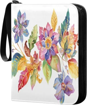 Burbuja Watercolor Colorful Floral Card Binder, 4 Pockets Trading Card Binder, Portable Card Albums Fits 400 Cards with 50 Removable Sleeves for Sport Cards Game Cards