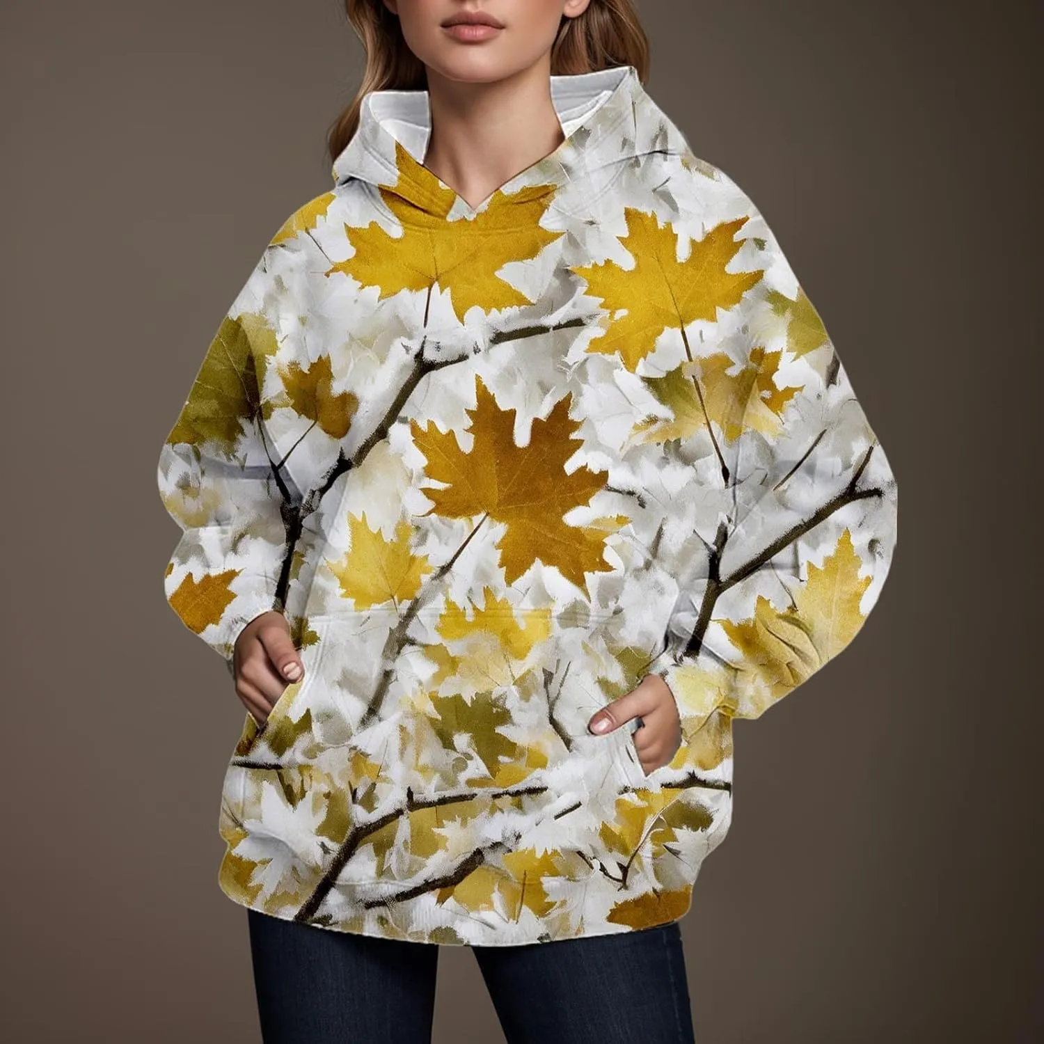 Camo Hoodie Womens Fall Fashion 2024 Trendy Camo Sweatsuits Oversized Long Sleeve Maple Leaf Print Fle