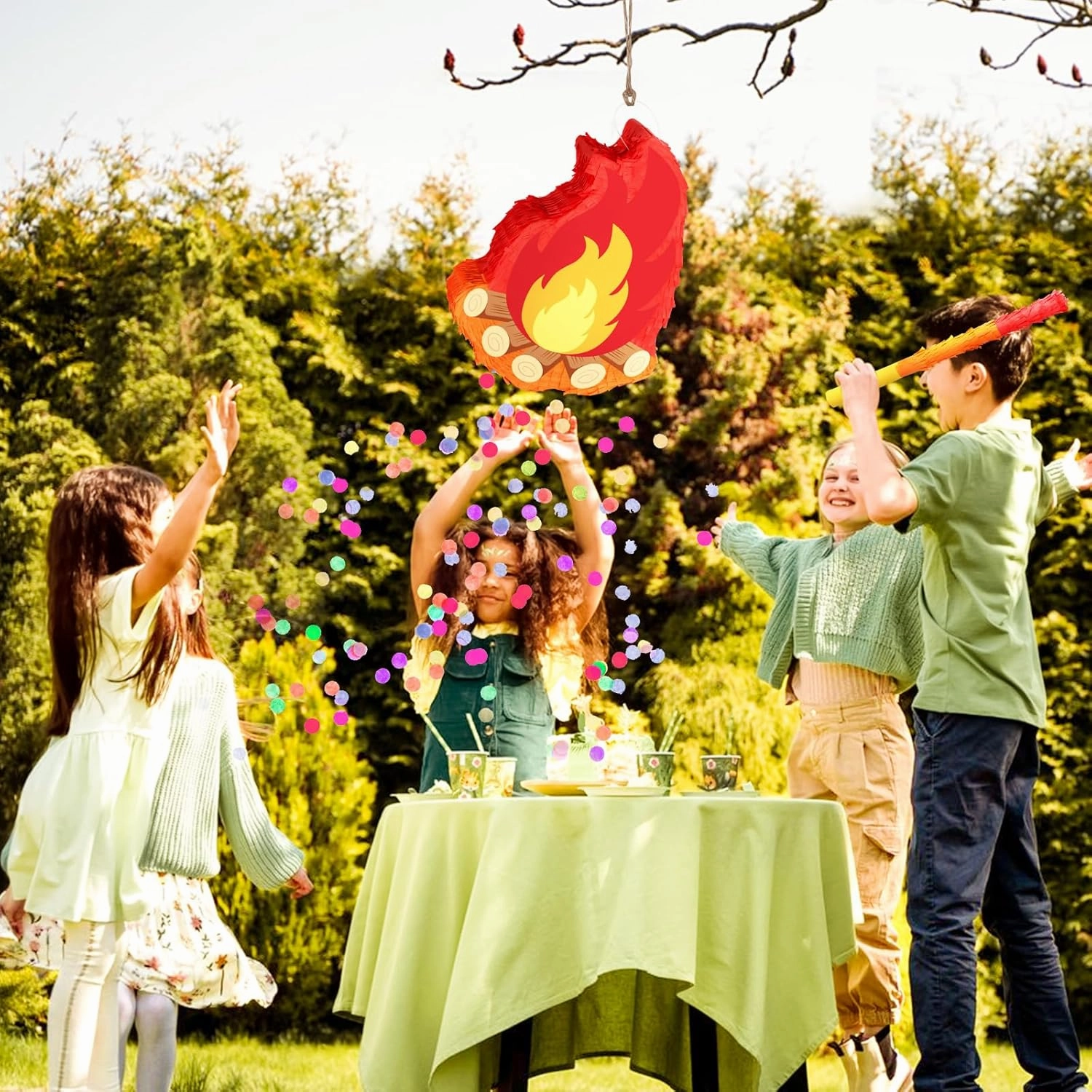Camping Adventure Campfire Pinata with Stick Blindfold and Hanging Loop Fake Campfire Pinata for Kids Boys GIrls Birthday Party Decoration Camping Adventure Photo Prop Decor（Small, 15.35x11.8x3.14’‘）