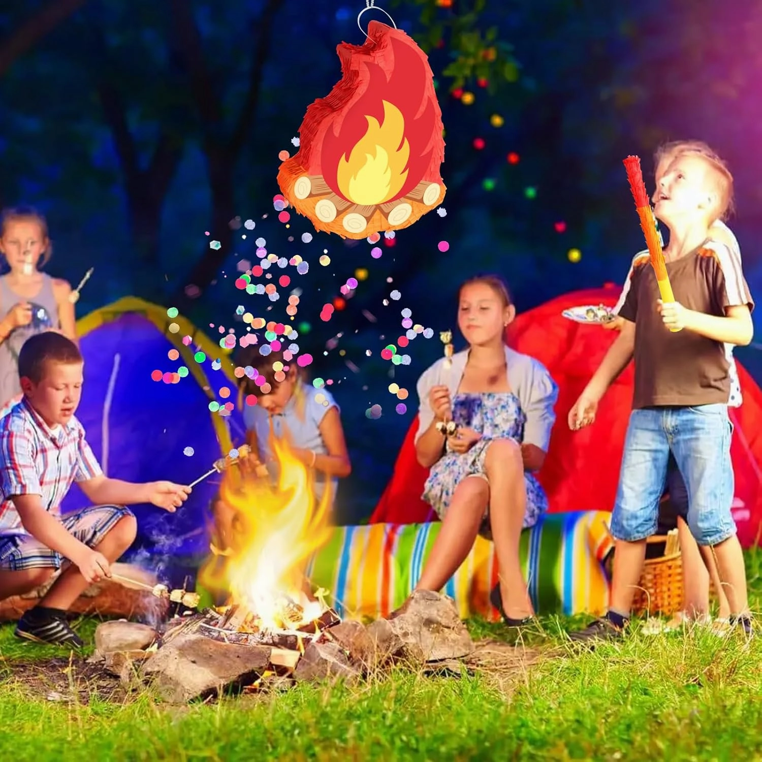 Camping Adventure Campfire Pinata with Stick Blindfold and Hanging Loop Fake Campfire Pinata for Kids Boys GIrls Birthday Party Decoration Camping Adventure Photo Prop Decor（Small, 15.35x11.8x3.14’‘）