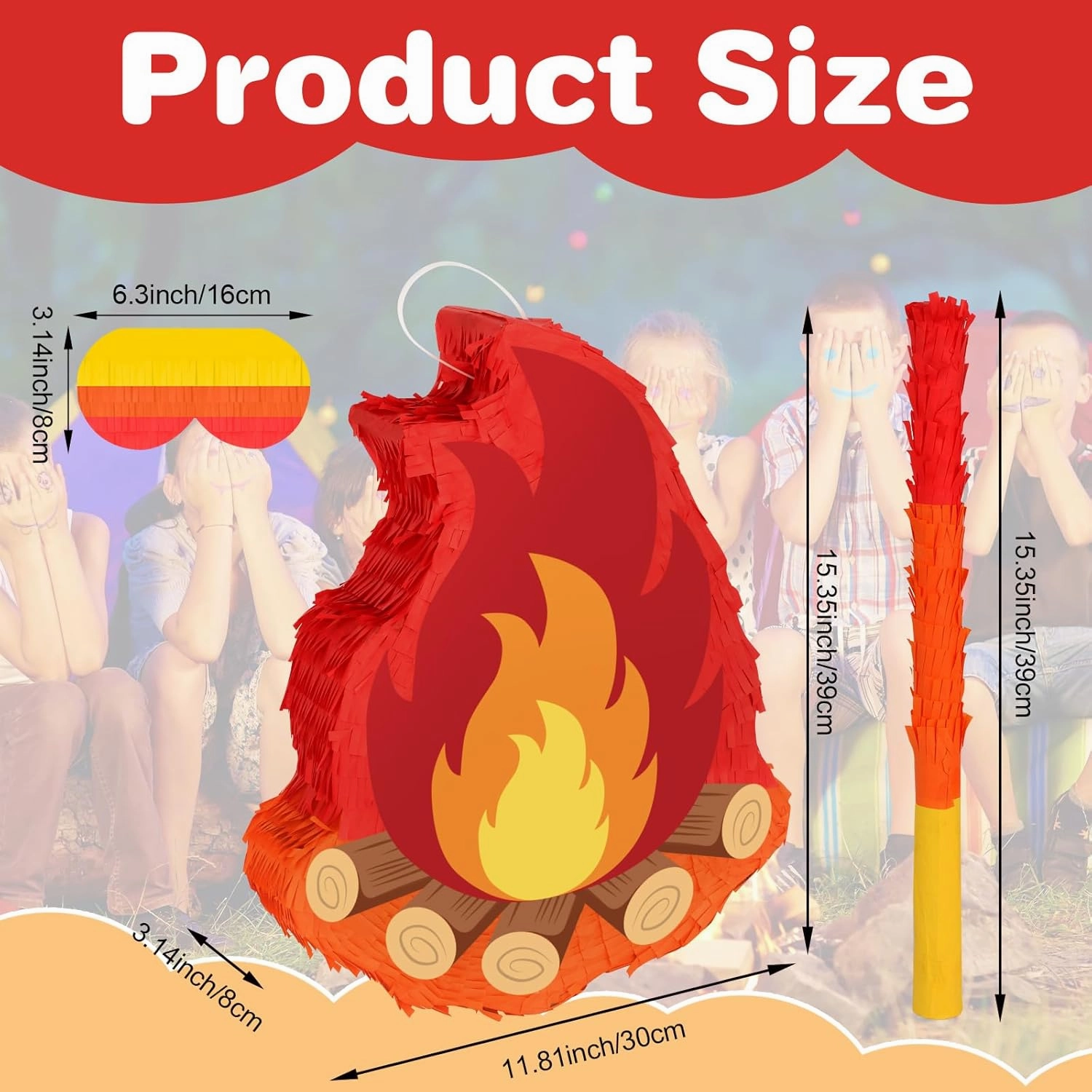 Camping Adventure Campfire Pinata with Stick Blindfold and Hanging Loop Fake Campfire Pinata for Kids Boys GIrls Birthday Party Decoration Camping Adventure Photo Prop Decor（Small, 15.35x11.8x3.14’‘）