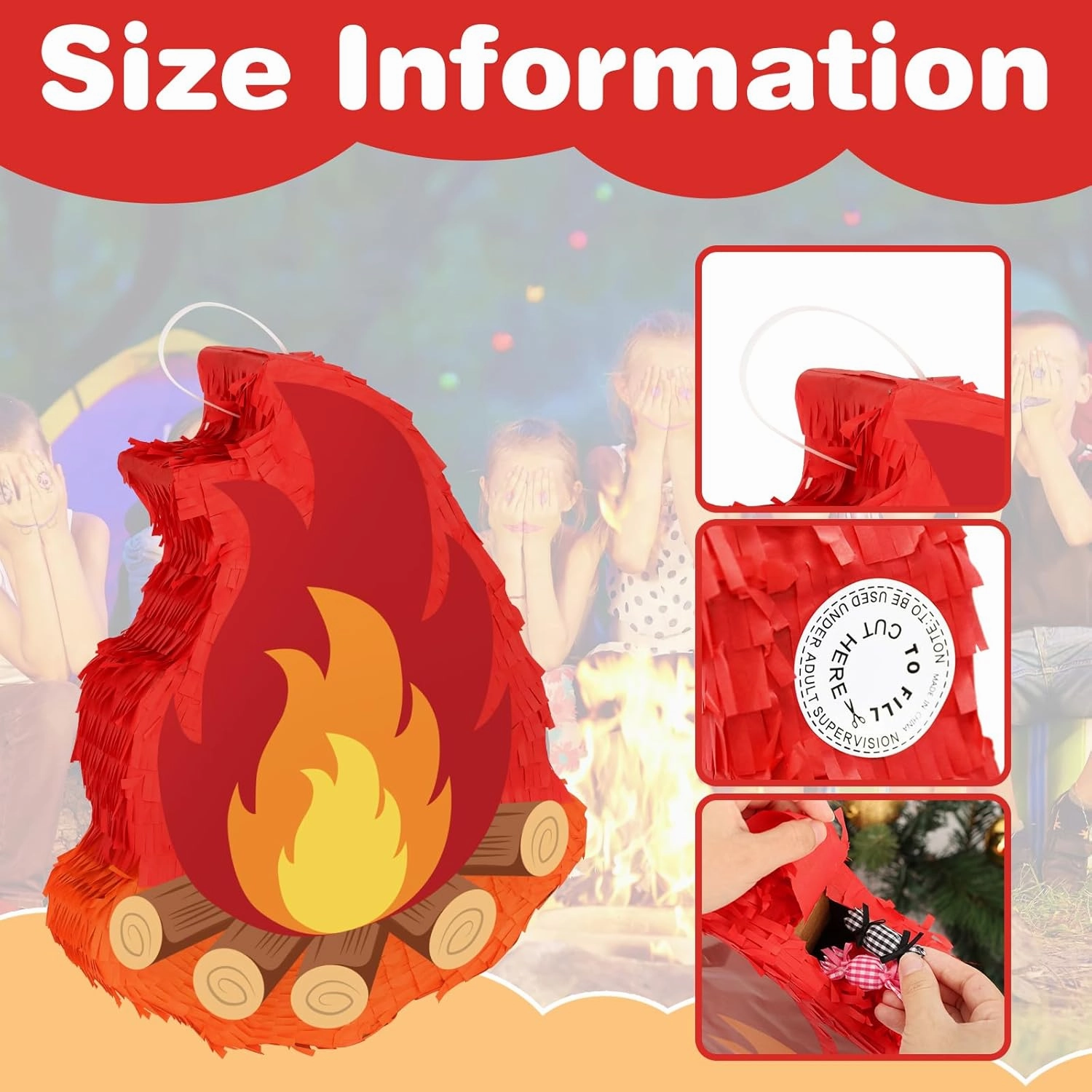 Camping Adventure Campfire Pinata with Stick Blindfold and Hanging Loop Fake Campfire Pinata for Kids Boys GIrls Birthday Party Decoration Camping Adventure Photo Prop Decor（Small, 15.35x11.8x3.14’‘）