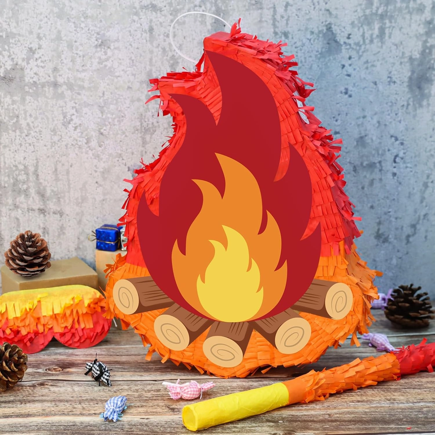 Camping Adventure Campfire Pinata with Stick Blindfold and Hanging Loop Fake Campfire Pinata for Kids Boys GIrls Birthday Party Decoration Camping Adventure Photo Prop Decor（Small, 15.35x11.8x3.14’‘）