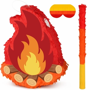 Camping Adventure Campfire Pinata with Stick Blindfold and Hanging Loop Fake Campfire Pinata for Kids Boys GIrls Birthday Party Decoration Camping Adventure Photo Prop Decor（Small, 15.35x11.8x3.14’‘）