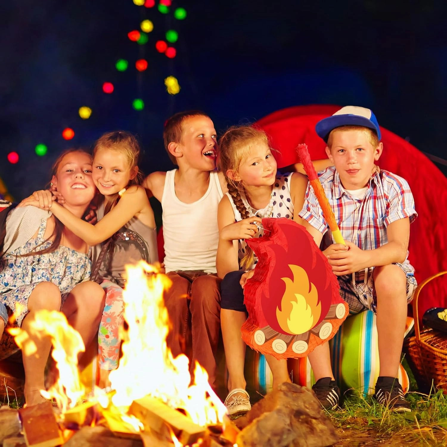 Camping Adventure Campfire Pinata with Stick Blindfold and Hanging Loop Fake Campfire Pinata for Kids Boys GIrls Birthday Party Decoration Camping Adventure Photo Prop Decor（Small, 15.35x11.8x3.14’‘）