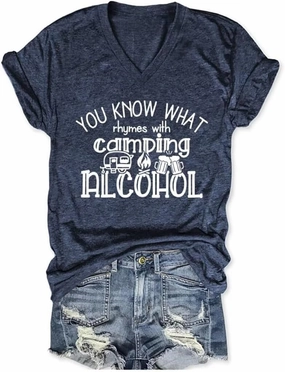 Camping V Neck Shirts for Women You Know What Rhymes with Camp Funny Graphic T-Shirt Hiking Mountain Adventure Tops
