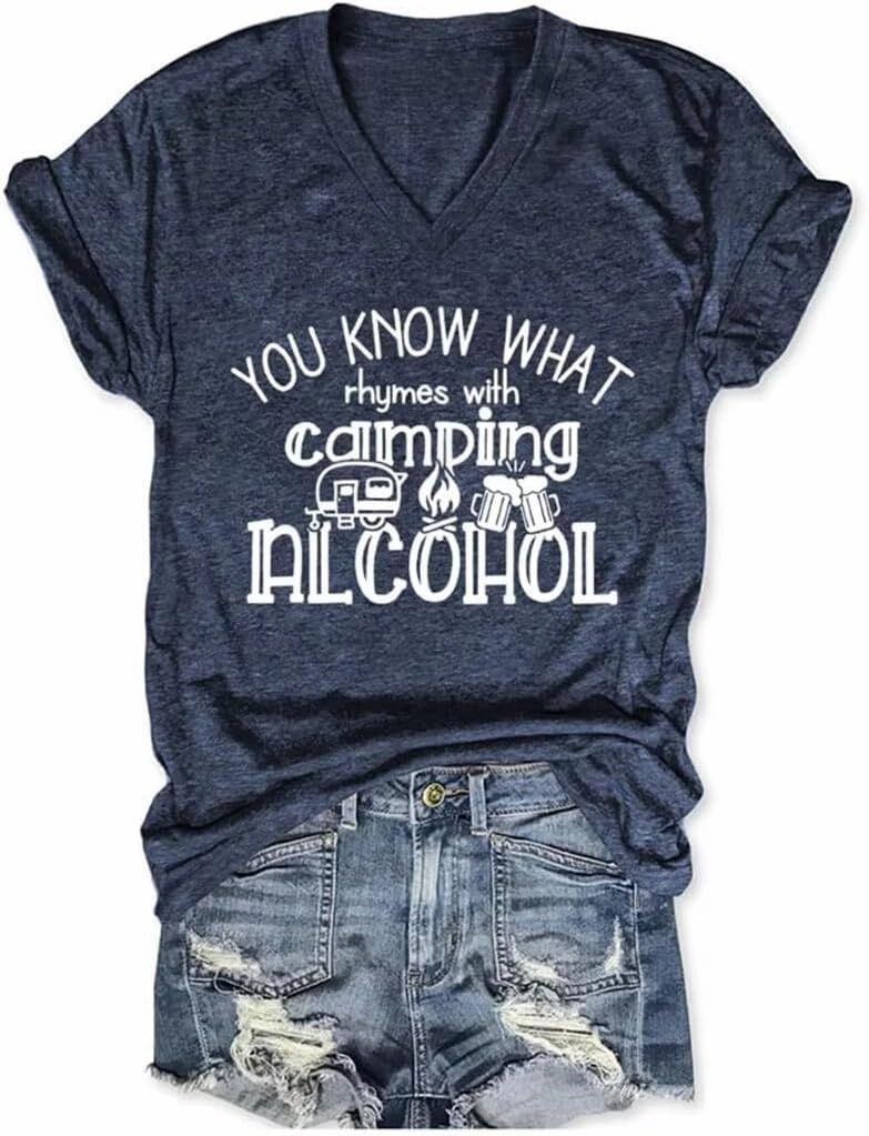 Camping V Neck Shirts for Women You Know What Rhymes with Camp Funny Graphic T-Shirt Hiking Mountain Adventure Tops