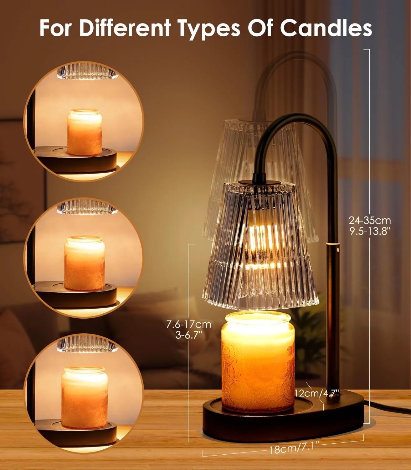 Candle Warmer Lamp - Electric Candle Lamps Warmer with Dimmer Adjustable Height Timer Lamp Candles Warmers Glass Vintage Nightstand Lamp Sets with 2 Bulbs（Grey）
