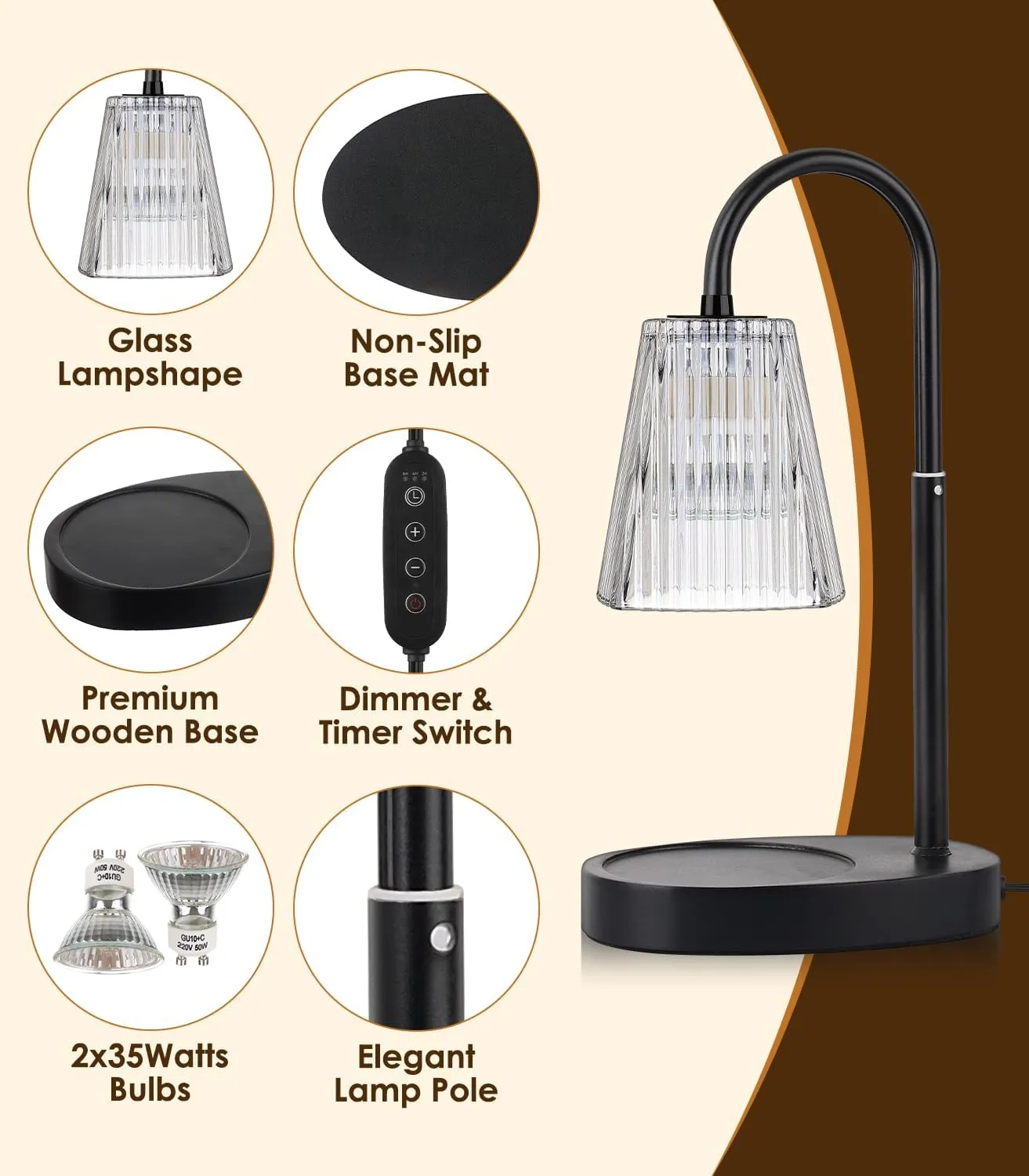 Candle Warmer Lamp - Electric Candle Lamps Warmer with Dimmer Adjustable Height Timer Lamp Candles Warmers Glass Vintage Nightstand Lamp Sets with 2 Bulbs（Grey）