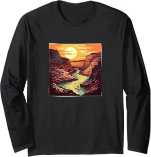 Canyon With River Vintage Landscape Colorful Graphic Long Sleeve T-Shirt