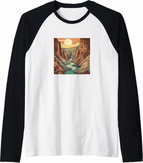 Canyon With River Vintage Landscape Colorful Graphic Raglan Baseball Tee