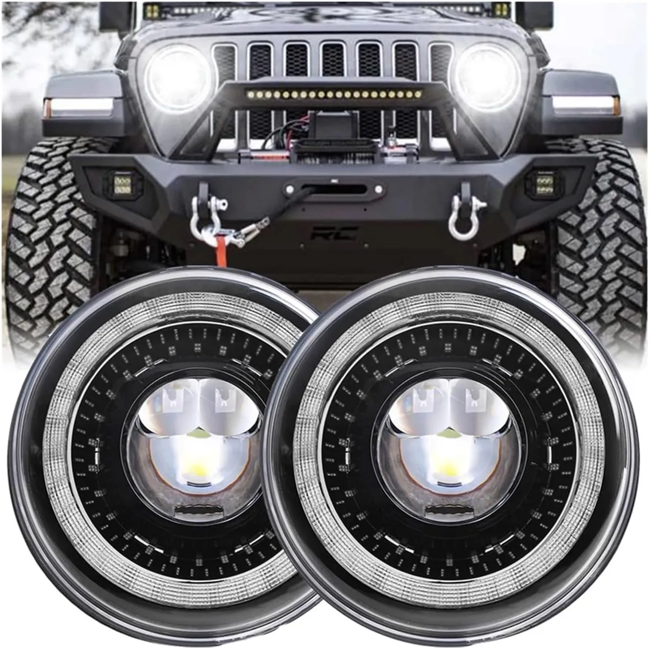 Car headlights, 7" Car Led Headlight Compatible For Lada Niva 4x4 7inch H4 Led Headlights Angel Eyes Compatible For Jeep Wrangler OffRoad 4x4 Suzuki Samurai Toyota(1pcs Sliver)