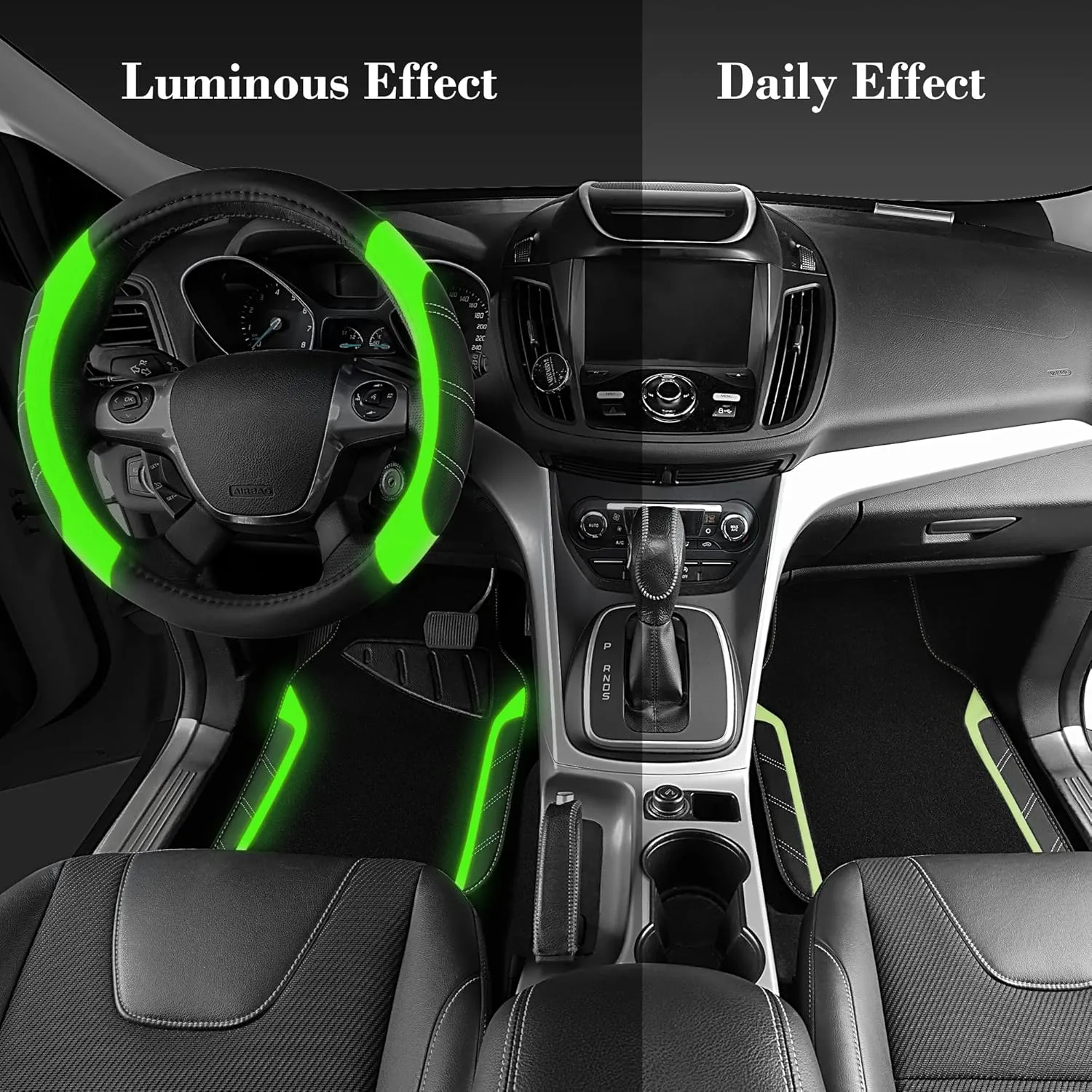 CAR PASS Leather Steering Wheel Cover and Waterproof Car Floor Mats,Microfiber Universal Car Combo Fit for 95% Sedan,SUV,Cars,14.5-15inch Sporty Anti-Slip Comfortable Design(Black＆Fluorescence Green)