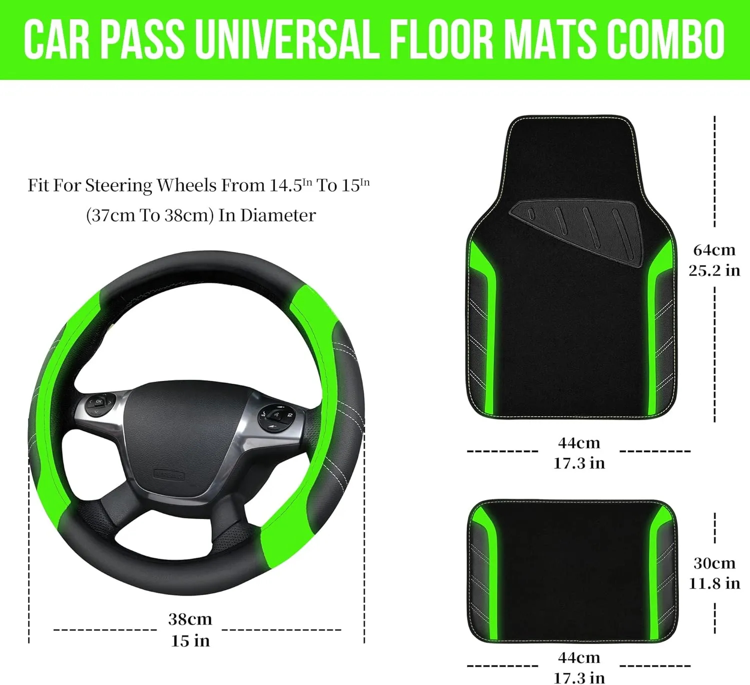 CAR PASS Leather Steering Wheel Cover and Waterproof Car Floor Mats,Microfiber Universal Car Combo Fit for 95% Sedan,SUV,Cars,14.5-15inch Sporty Anti-Slip Comfortable Design(Black＆Fluorescence Green)