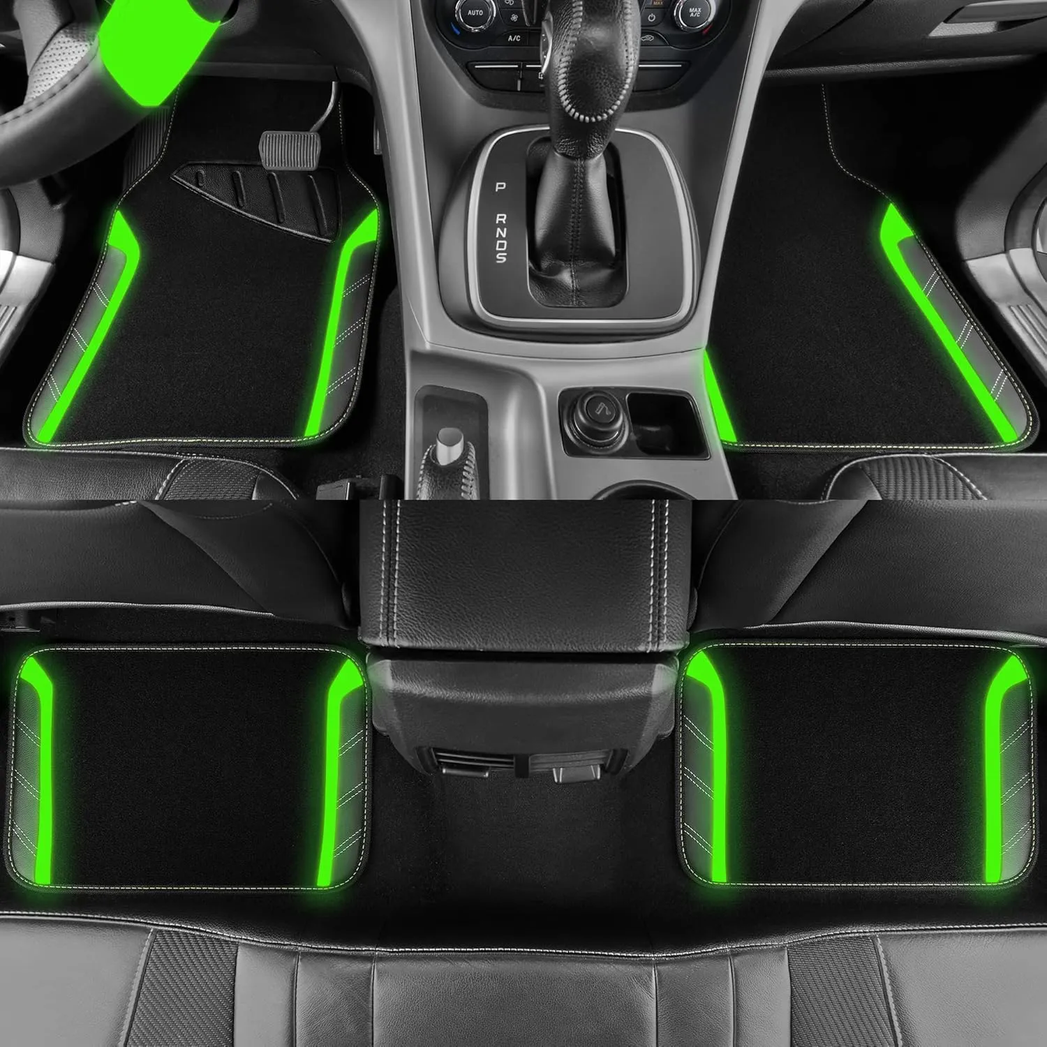 CAR PASS Leather Steering Wheel Cover and Waterproof Car Floor Mats,Microfiber Universal Car Combo Fit for 95% Sedan,SUV,Cars,14.5-15inch Sporty Anti-Slip Comfortable Design(Black＆Fluorescence Green)