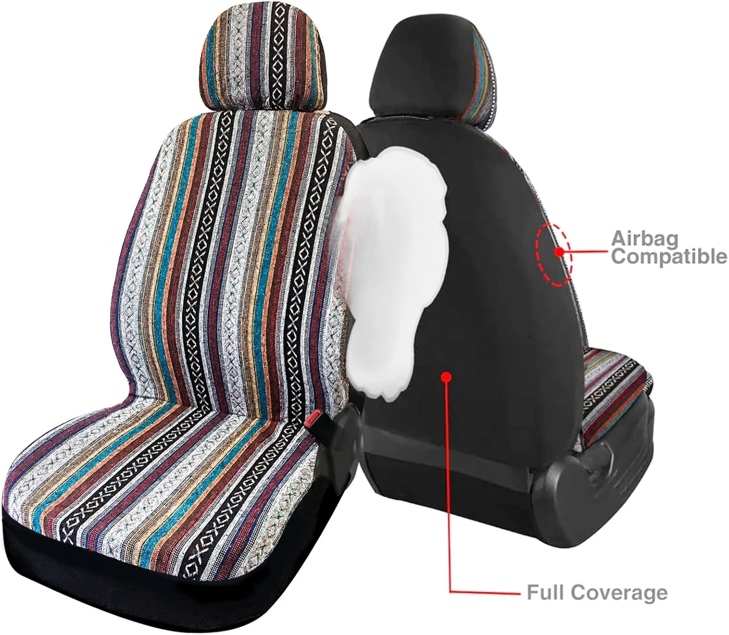 Car Seat Cover Baja Saddle Blanket 4PCS Front Striped Multicolor, Hippie Boho Seat Cover Universal Fit for Toyota, Honda, Nissan, Chevy, rav4 Car SUVs Truck with Airbag Compatible