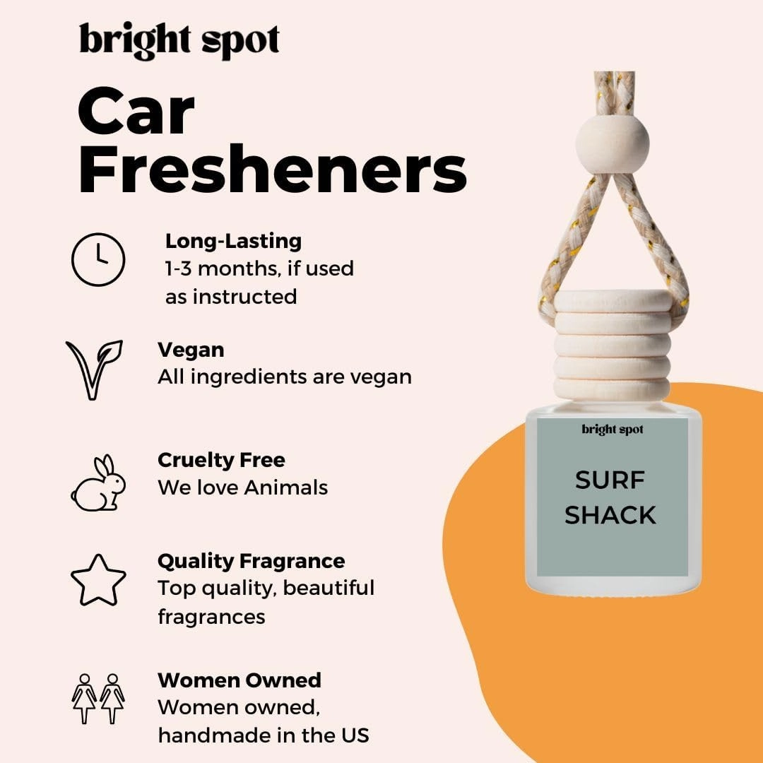 Car Air Freshener - Surf Shack - Coconut, Sandalwood, Cedar Scent - Premium Car Hanging Air Freshener, Long-Lasting Fragrance for Auto and Home, 2 Bottles, Clear