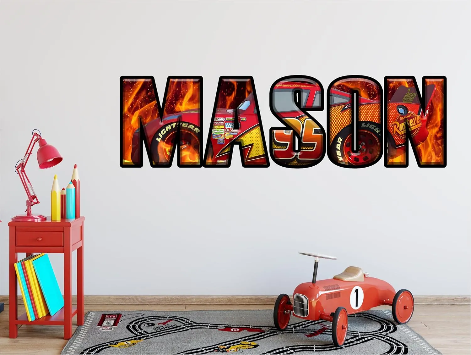 Cars Personalized Name Wall Decals for Kids Room - Custom Car Racing Wall Decor - Boys Race Car Checkered Flags Wall Stickers - Supercar Bedroom Playroom Cars Art Vinyl Sticker
