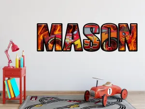 Cars Personalized Name Wall Decals for Kids Room - Custom Car Racing Wall Decor - Boys Race Car Checkered Flags Wall Stickers - Supercar Bedroom Playroom Cars Art Vinyl Sticker