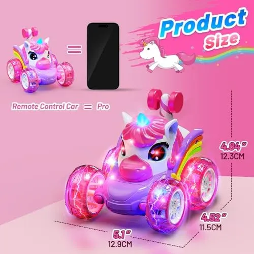Carsky Remote Control Car RC Stunt Cars for Girl 360°Stunt Rotation 4WD Remote Cars for Kids 3-6 Double Sided RC Car with LED Lights,2.4GHz Electric Toy Car,Birthday Gift for 3 4 5 6 Year Old Girl
