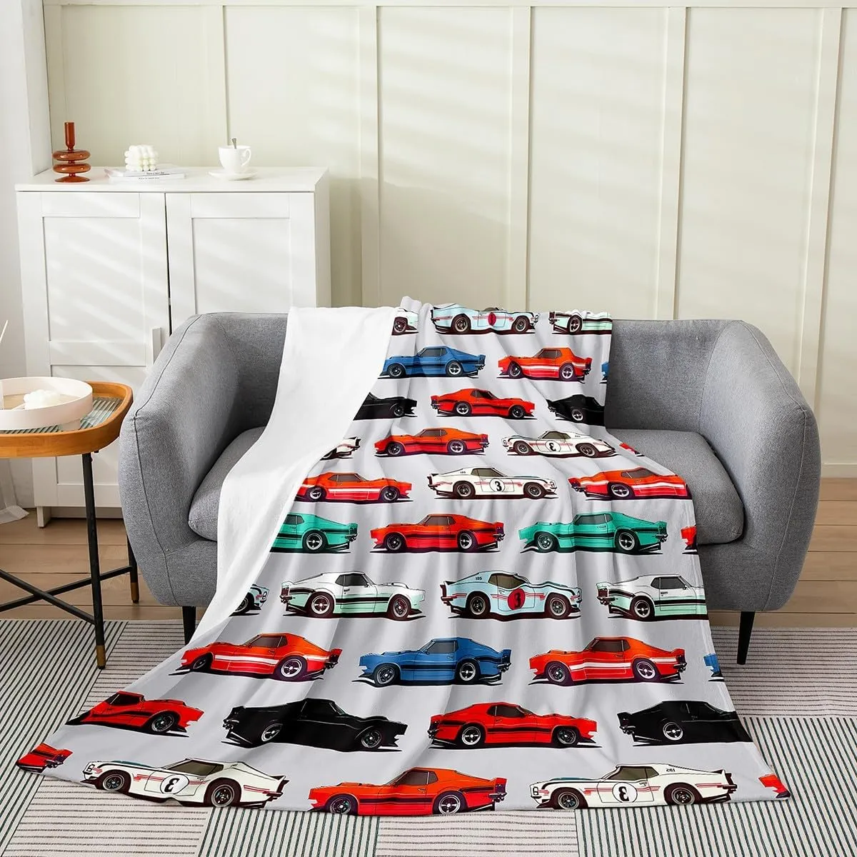 Cartoon Car Flannel Fleece Throw Blanket,Sports Car All Season Bed Blanket Fuzzy Blanket for Bed Sofa Couch,Red Race Sports Car Car Sports Competition Style Bedroom Decor Plush Blanket Twin 60"x80"