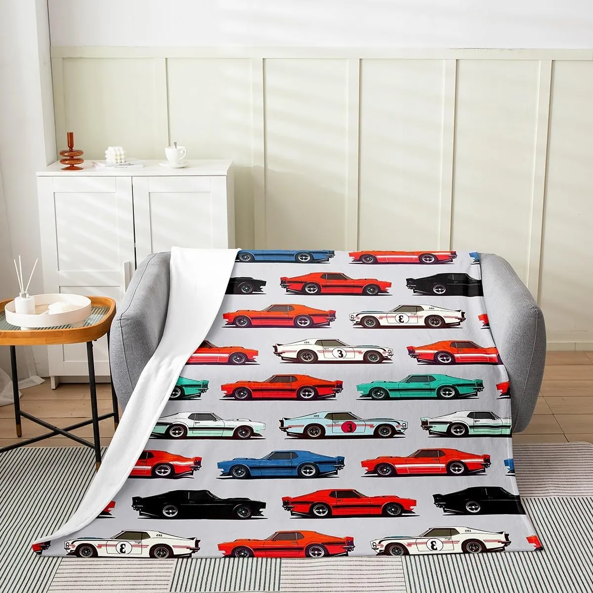 Cartoon Car Flannel Fleece Throw Blanket,Sports Car All Season Bed Blanket Fuzzy Blanket for Bed Sofa Couch,Red Race Sports Car Car Sports Competition Style Bedroom Decor Plush Blanket Twin 60"x80"