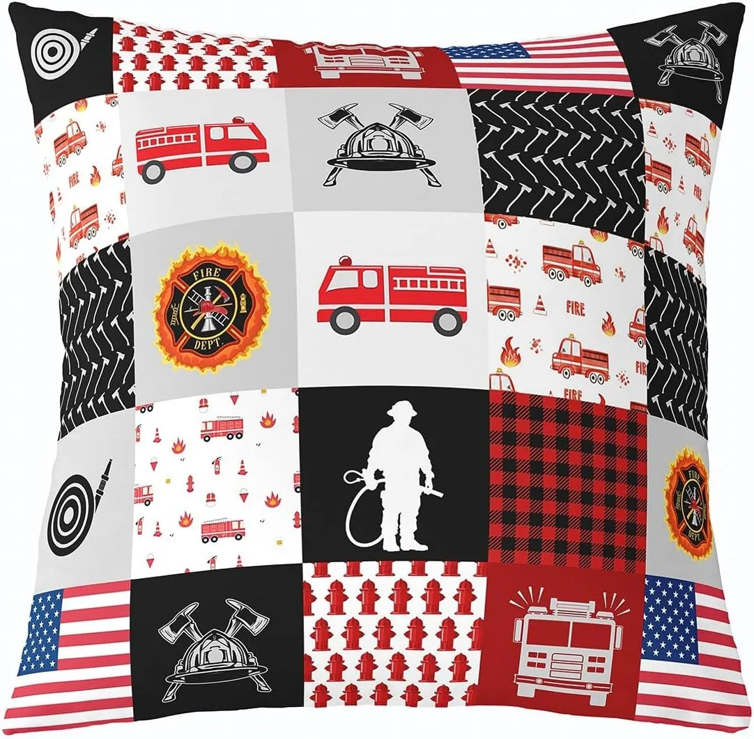 Cartoon Fire Truck Throw Pillow Cover Red Flame Fire Sign Plaid Cushion Cover for Kids Boys Teens Adults Firefighter Silhouette American Flag Pillow Case for Car Couch 24x24 Inch