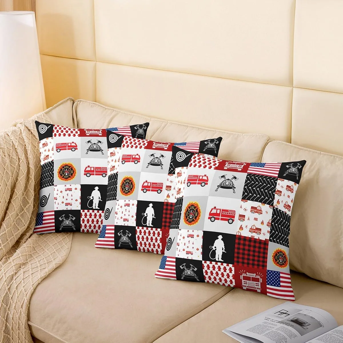 Cartoon Fire Truck Throw Pillow Cover Red Flame Fire Sign Plaid Cushion Cover for Kids Boys Teens Adults Firefighter Silhouette American Flag Pillow Case for Car Couch 24x24 Inch