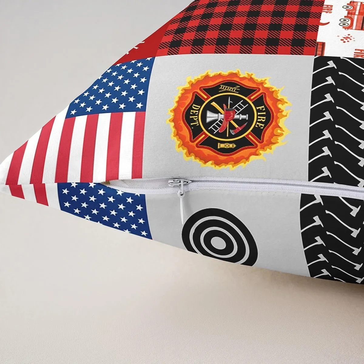 Cartoon Fire Truck Throw Pillow Cover Red Flame Fire Sign Plaid Cushion Cover for Kids Boys Teens Adults Firefighter Silhouette American Flag Pillow Case for Car Couch 24x24 Inch