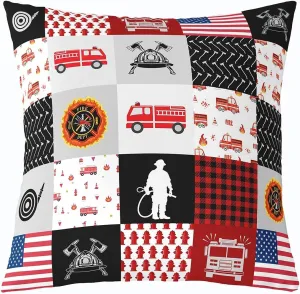 Cartoon Fire Truck Throw Pillow Cover Red Flame Fire Sign Plaid Cushion Cover for Kids Boys Teens Adults Firefighter Silhouette American Flag Pillow Case for Car Couch 24x24 Inch