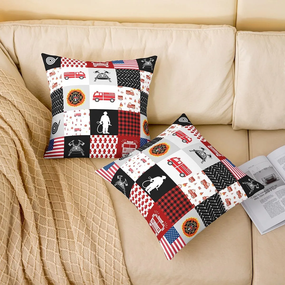 Cartoon Fire Truck Throw Pillow Cover Red Flame Fire Sign Plaid Cushion Cover for Kids Boys Teens Adults Firefighter Silhouette American Flag Pillow Case for Car Couch 24x24 Inch