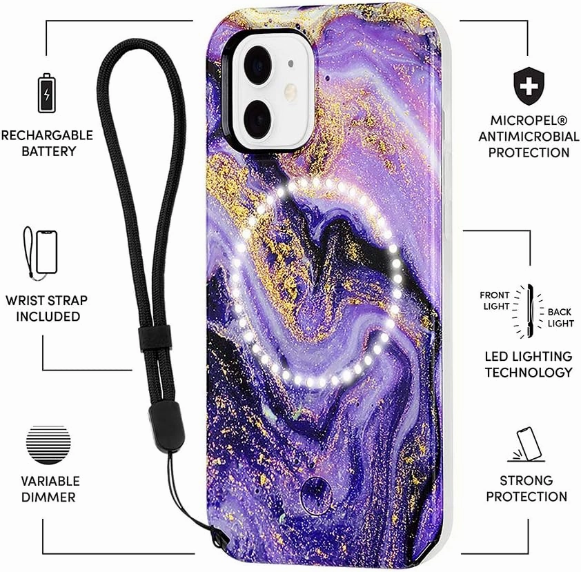Case-Mate LuMee Halo Light Up Selfie Case for iPhone 12 Mini (5G) - Front & Rear Illumination - 5.4 Inch - Purple Marble