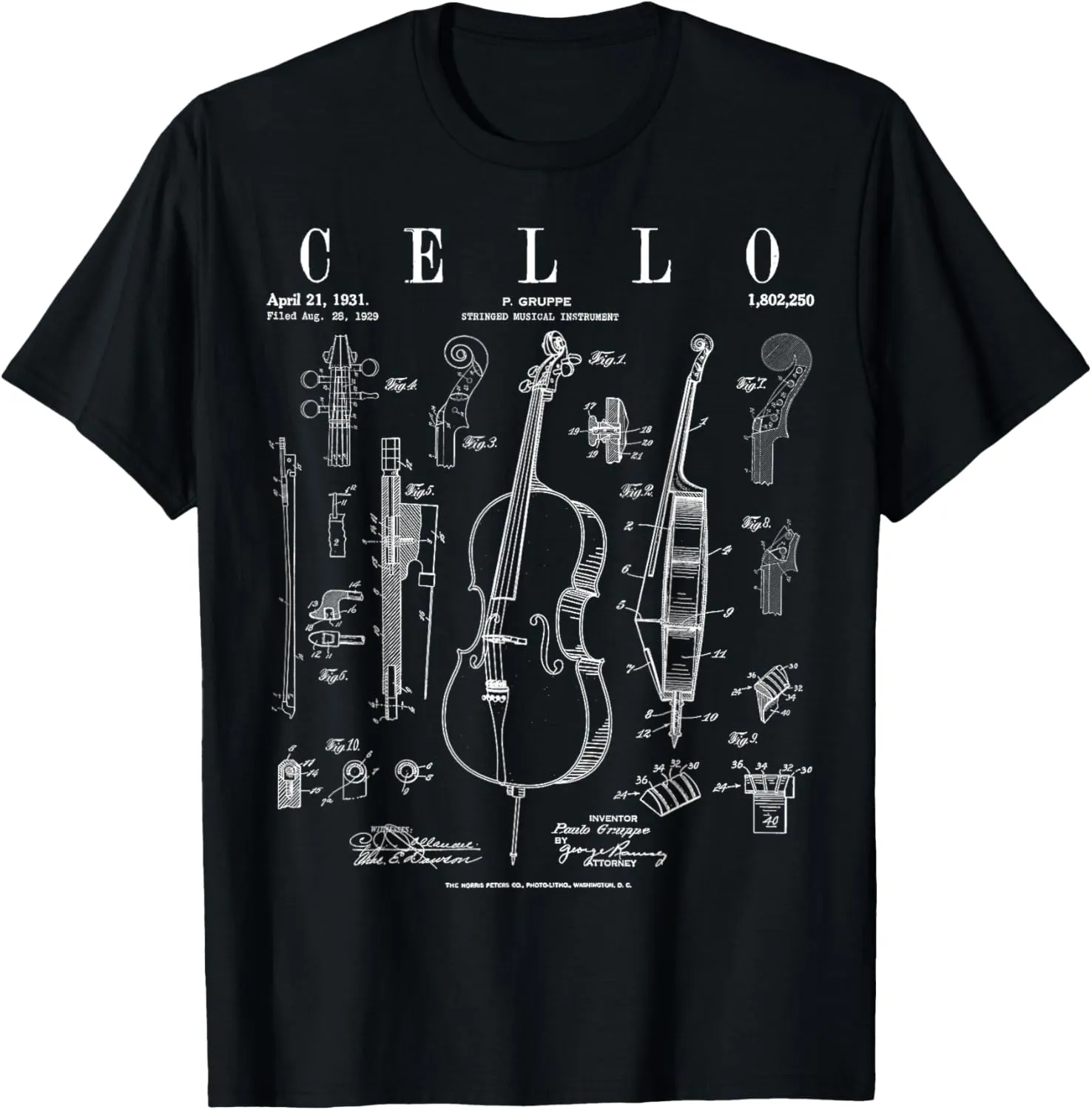 Cello Vintage Patent Cellist Drawing Print T-Shirt
