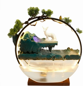 Ceramic Deer Water Fountains Tabletop Indoor Waterfall Humidifier Artificial Bonsai Mini Fish Tank Pool with Backflow Incense Holder & Deer &LED Light &Mist Atomizer &Water Flow&Fake Plants