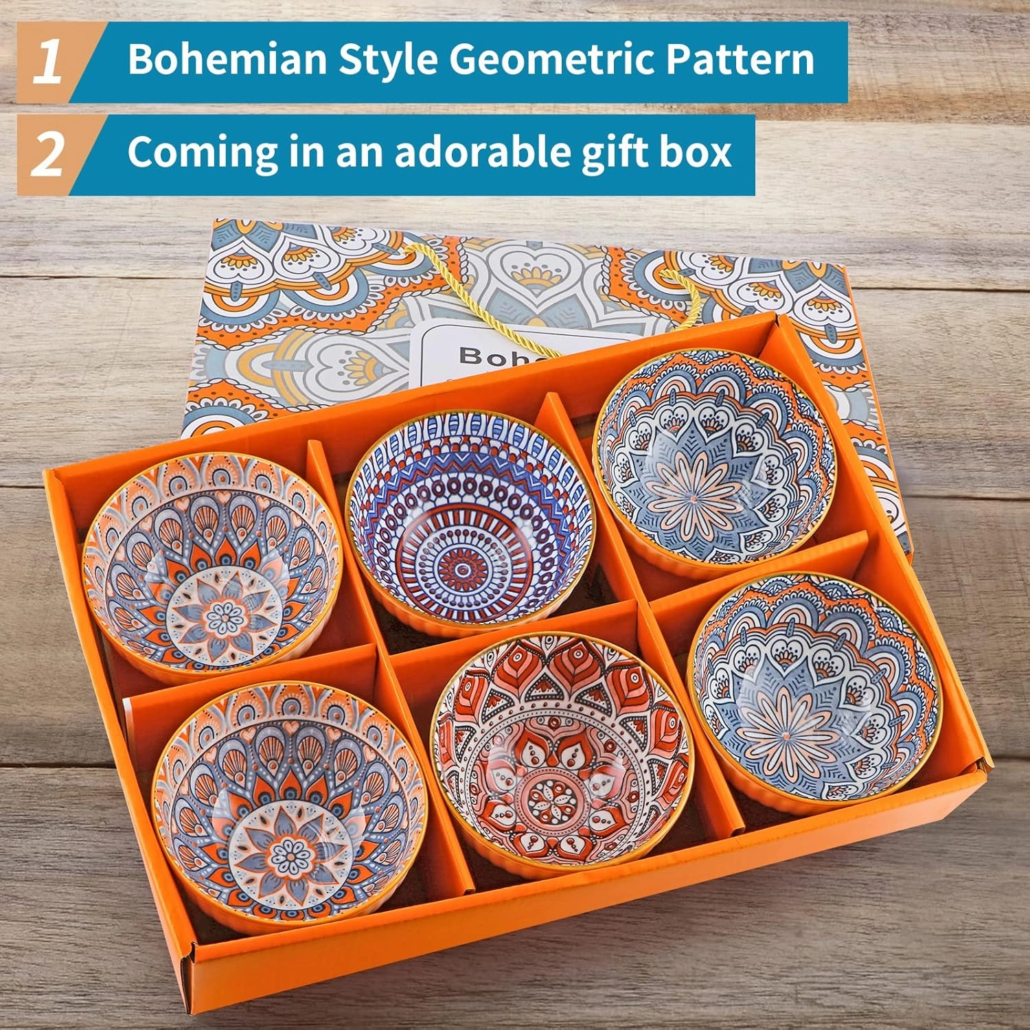 Ceramic Rice Bowls 10 oz, Bohemian Style Bowl Gift Set, Assorted Dinnerware Serving Bowls for Cereal, Soup, Dessert, Snack, Fruit, Salsa, Pack of 6 (Geometric Pattern)