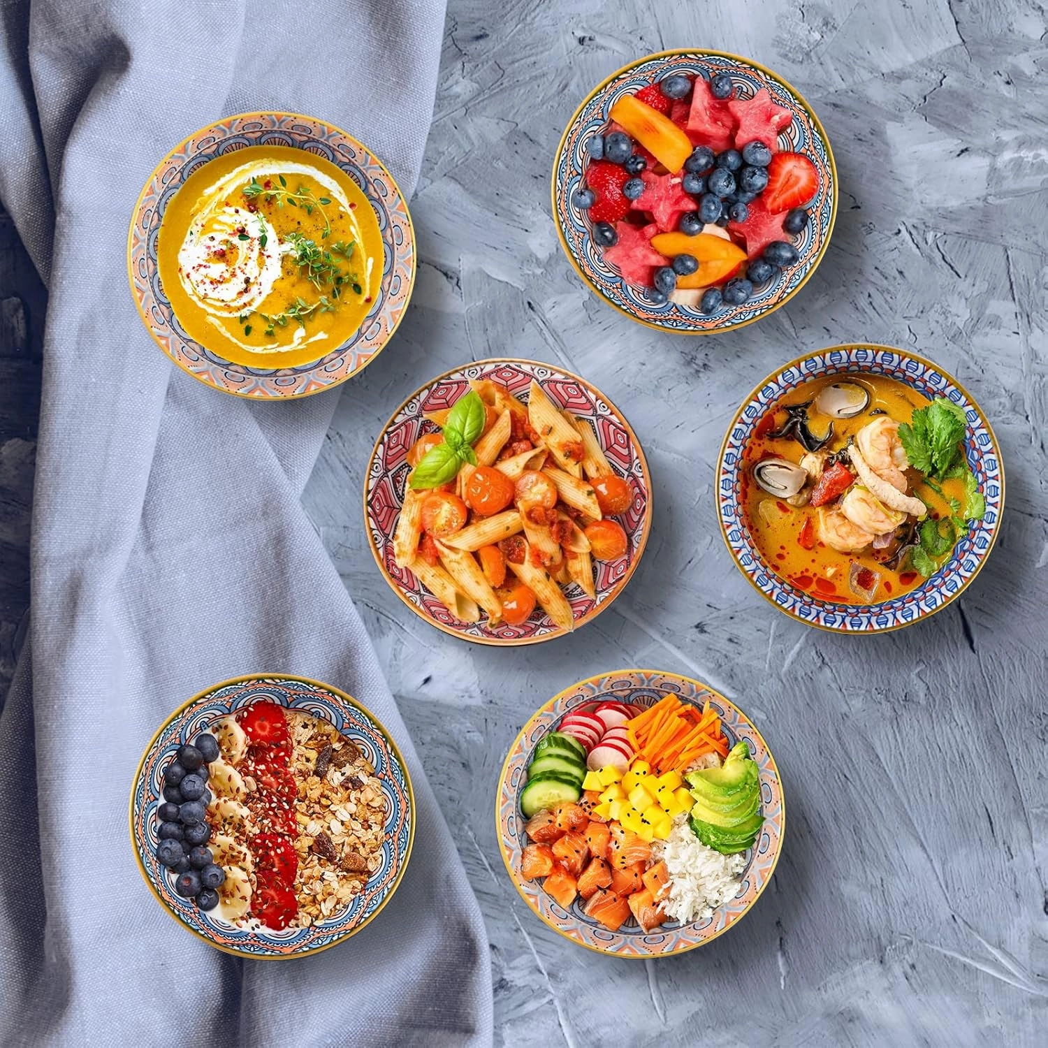 Ceramic Rice Bowls 10 oz, Bohemian Style Bowl Gift Set, Assorted Dinnerware Serving Bowls for Cereal, Soup, Dessert, Snack, Fruit, Salsa, Pack of 6 (Geometric Pattern)