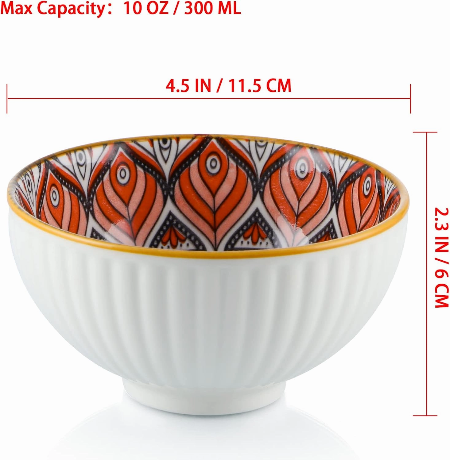 Ceramic Rice Bowls 10 oz, Bohemian Style Bowl Gift Set, Assorted Dinnerware Serving Bowls for Cereal, Soup, Dessert, Snack, Fruit, Salsa, Pack of 6 (Geometric Pattern)