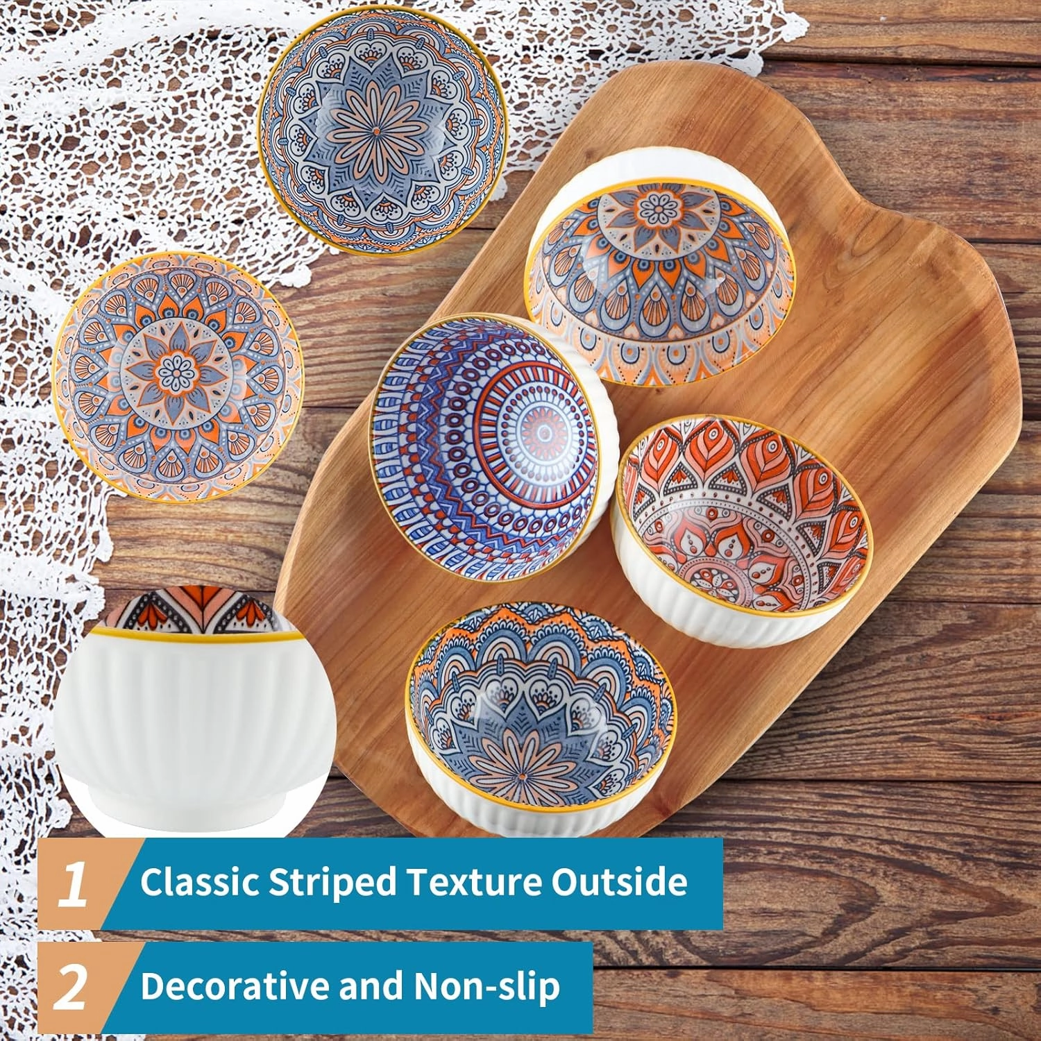 Ceramic Rice Bowls 10 oz, Bohemian Style Bowl Gift Set, Assorted Dinnerware Serving Bowls for Cereal, Soup, Dessert, Snack, Fruit, Salsa, Pack of 6 (Geometric Pattern)