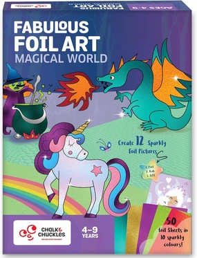 Chalk and Chuckles Art and Craft Kit, Fabulous Foil Art, Gift for Girls, Boys Age 4-9 Year Old, Create 12 Magical World Theme Pictures, Dragon, Princess, Unicorn Toys