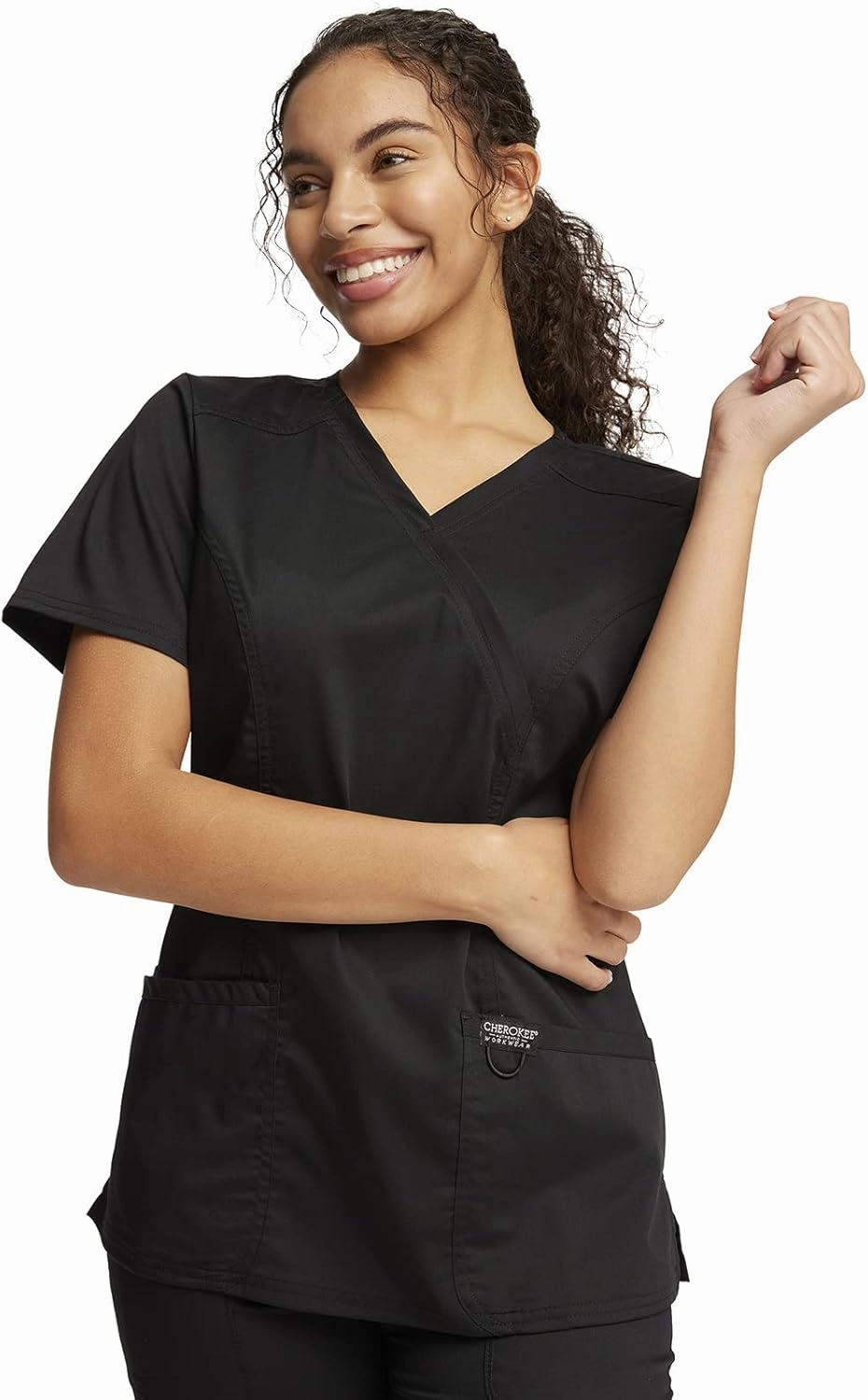 Cherokee Scrub Set For Women, Modern Classic Fit Mock Wrap Top WW610 With Mid Rise, Straight Leg Pant WW110