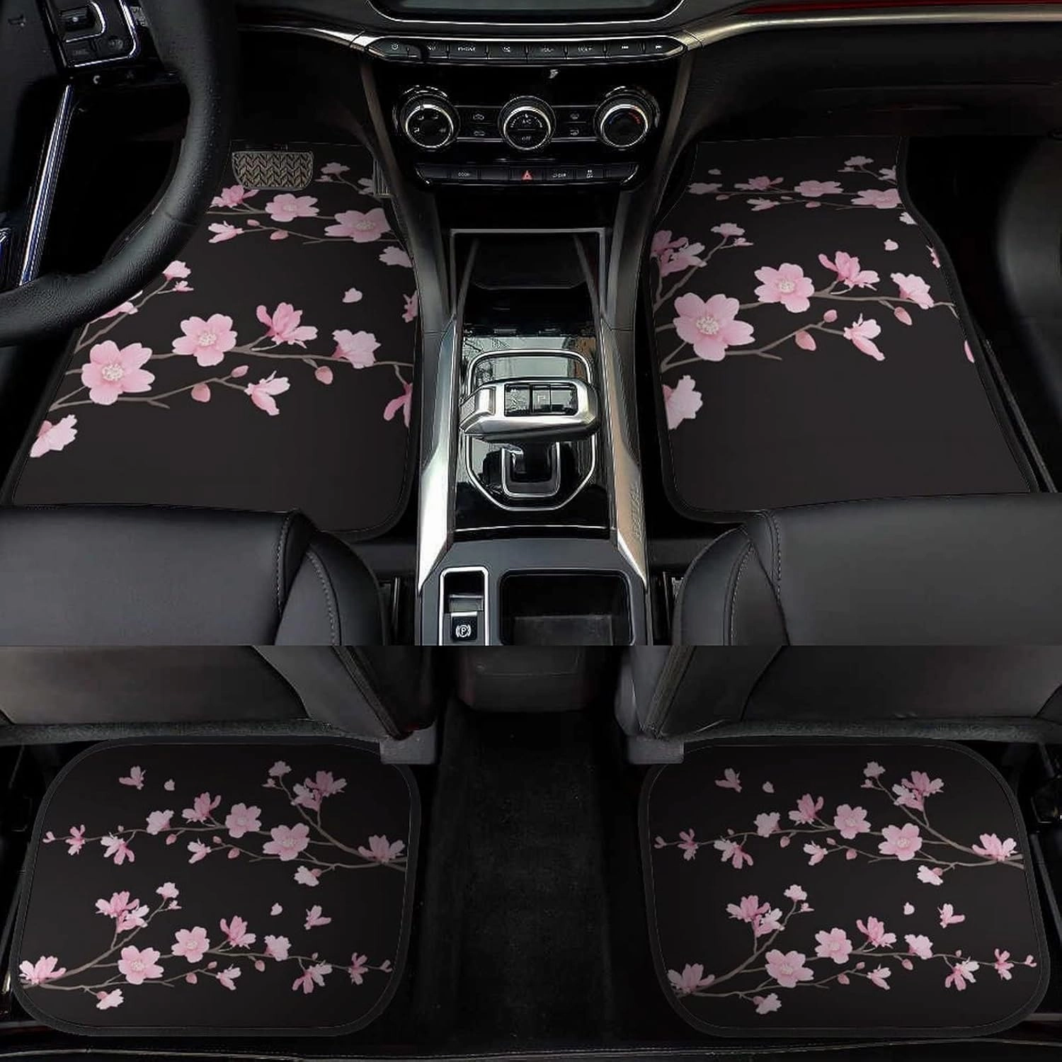 Cherry Blossom Car Floor Mats Set of 4, Japanese Pink Sakura Flowers Print Vehicle Front Rear Carpets Floral Decor Rugs Non-Slip Auto Accessories Universal Fit for SUV Van Truck