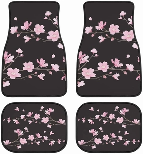 Cherry Blossom Car Floor Mats Set of 4, Japanese Pink Sakura Flowers Print Vehicle Front Rear Carpets Floral Decor Rugs Non-Slip Auto Accessories Universal Fit for SUV Van Truck