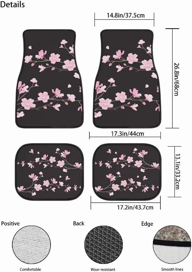 Cherry Blossom Car Floor Mats Set of 4, Japanese Pink Sakura Flowers Print Vehicle Front Rear Carpets Floral Decor Rugs Non-Slip Auto Accessories Universal Fit for SUV Van Truck