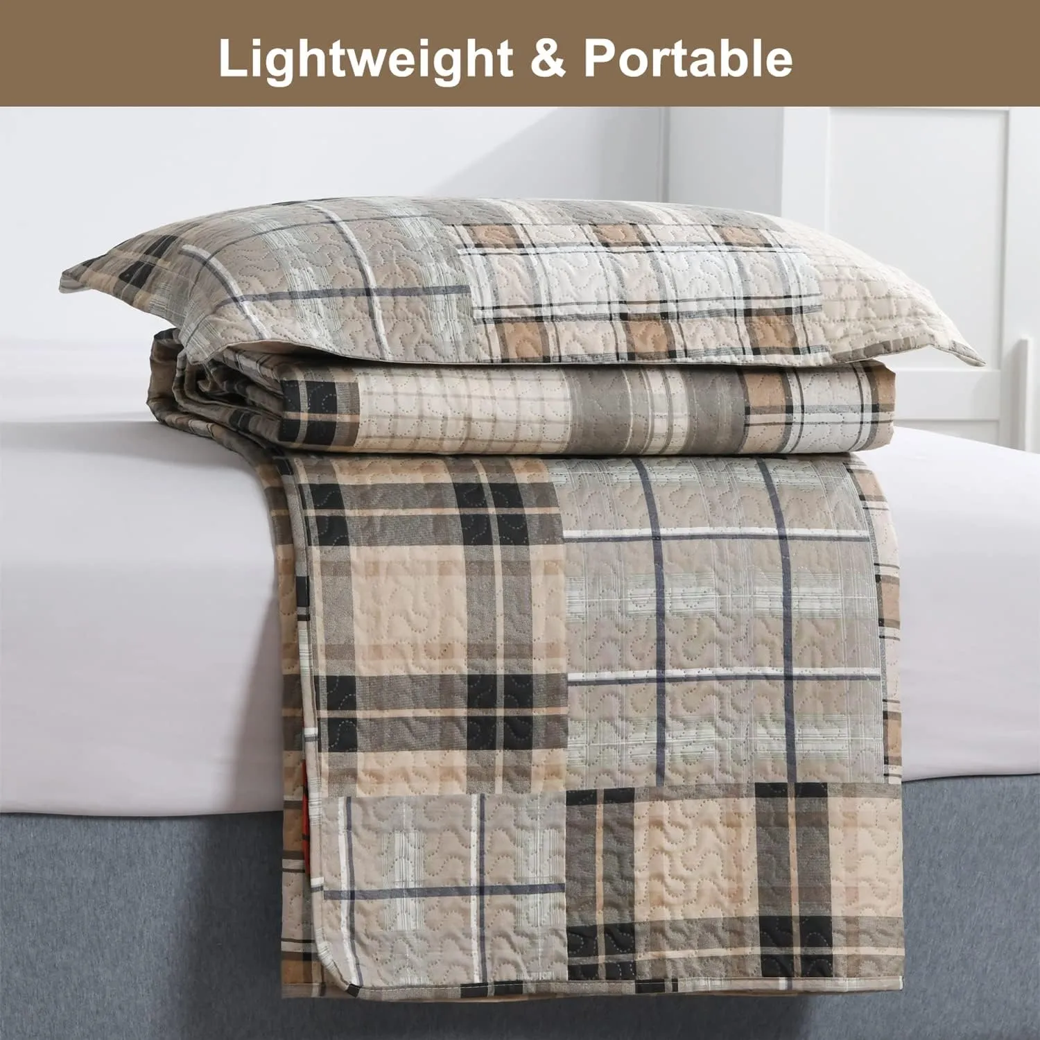 CHESITY King Size Plaid Quilt Set 3-Piece Brown Bedspread Set Reversible Lightweight Striped Quilt Grid Coverlet Patchwork Soft Quilt for Bed (96" x 108")