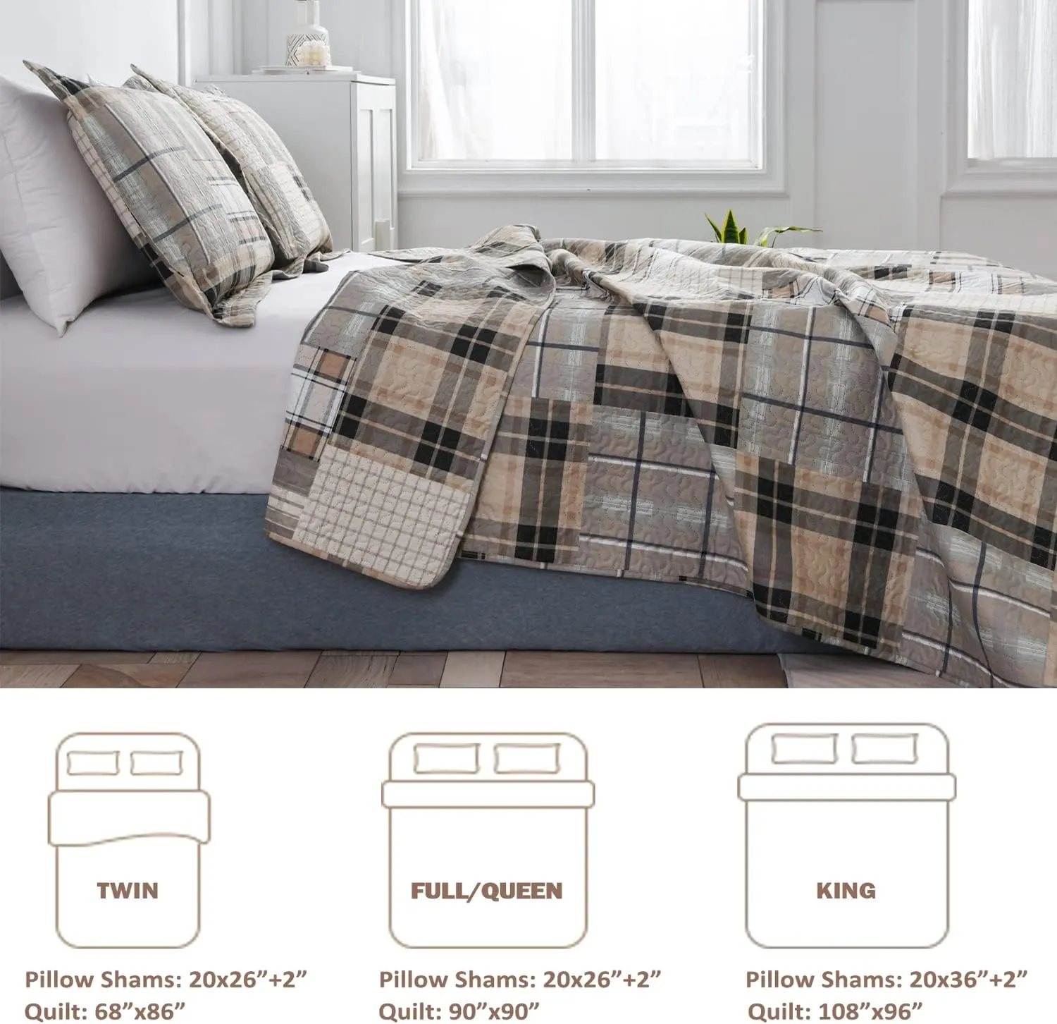 CHESITY King Size Plaid Quilt Set 3-Piece Brown Bedspread Set Reversible Lightweight Striped Quilt Grid Coverlet Patchwork Soft Quilt for Bed (96" x 108")