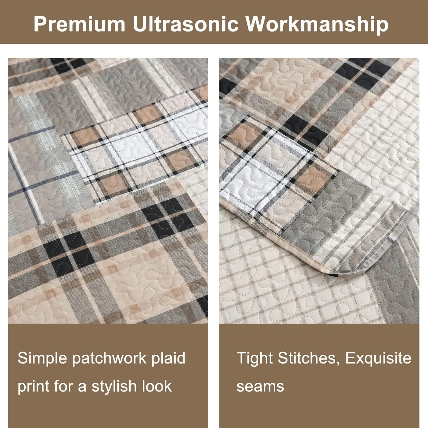 CHESITY King Size Plaid Quilt Set 3-Piece Brown Bedspread Set Reversible Lightweight Striped Quilt Grid Coverlet Patchwork Soft Quilt for Bed (96" x 108")