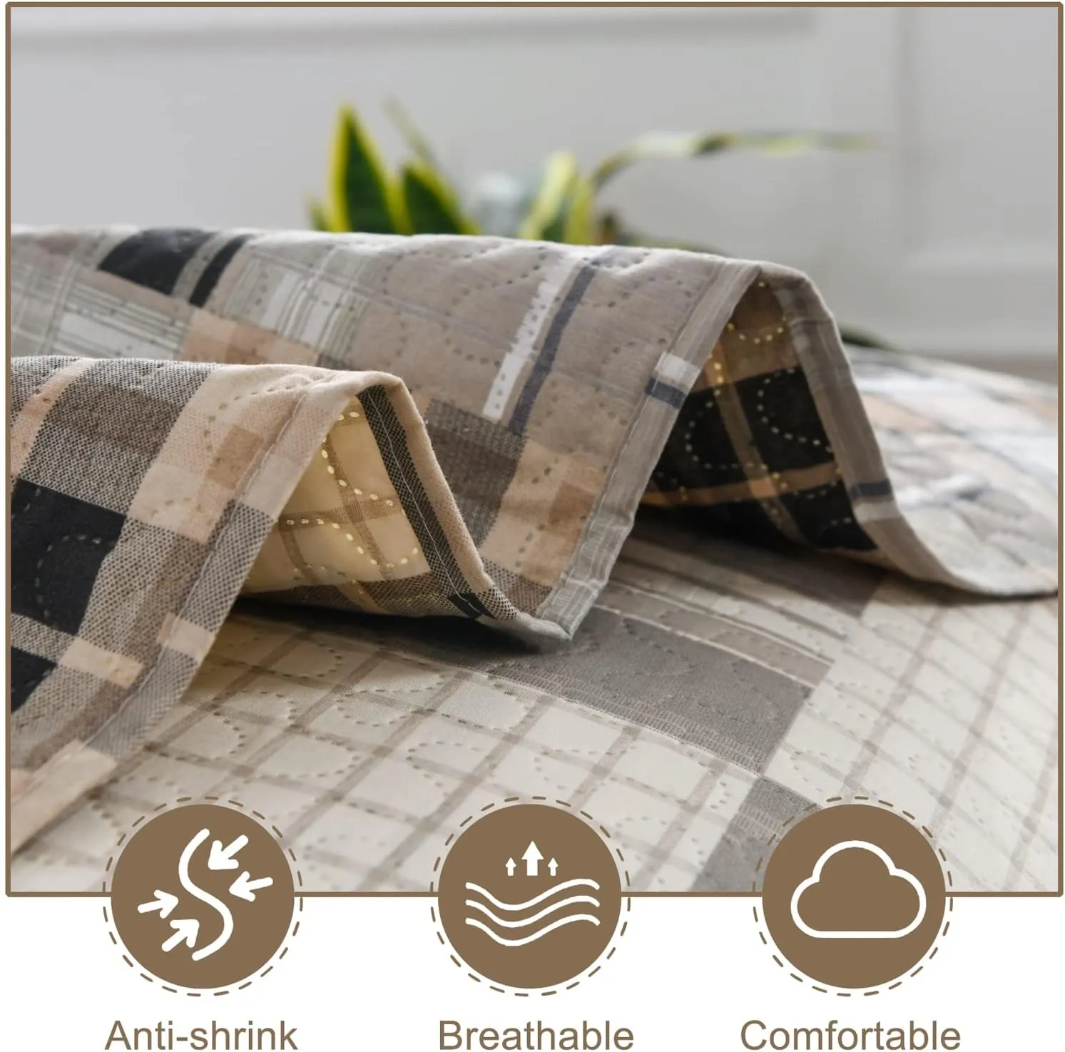 CHESITY King Size Plaid Quilt Set 3-Piece Brown Bedspread Set Reversible Lightweight Striped Quilt Grid Coverlet Patchwork Soft Quilt for Bed (96" x 108")