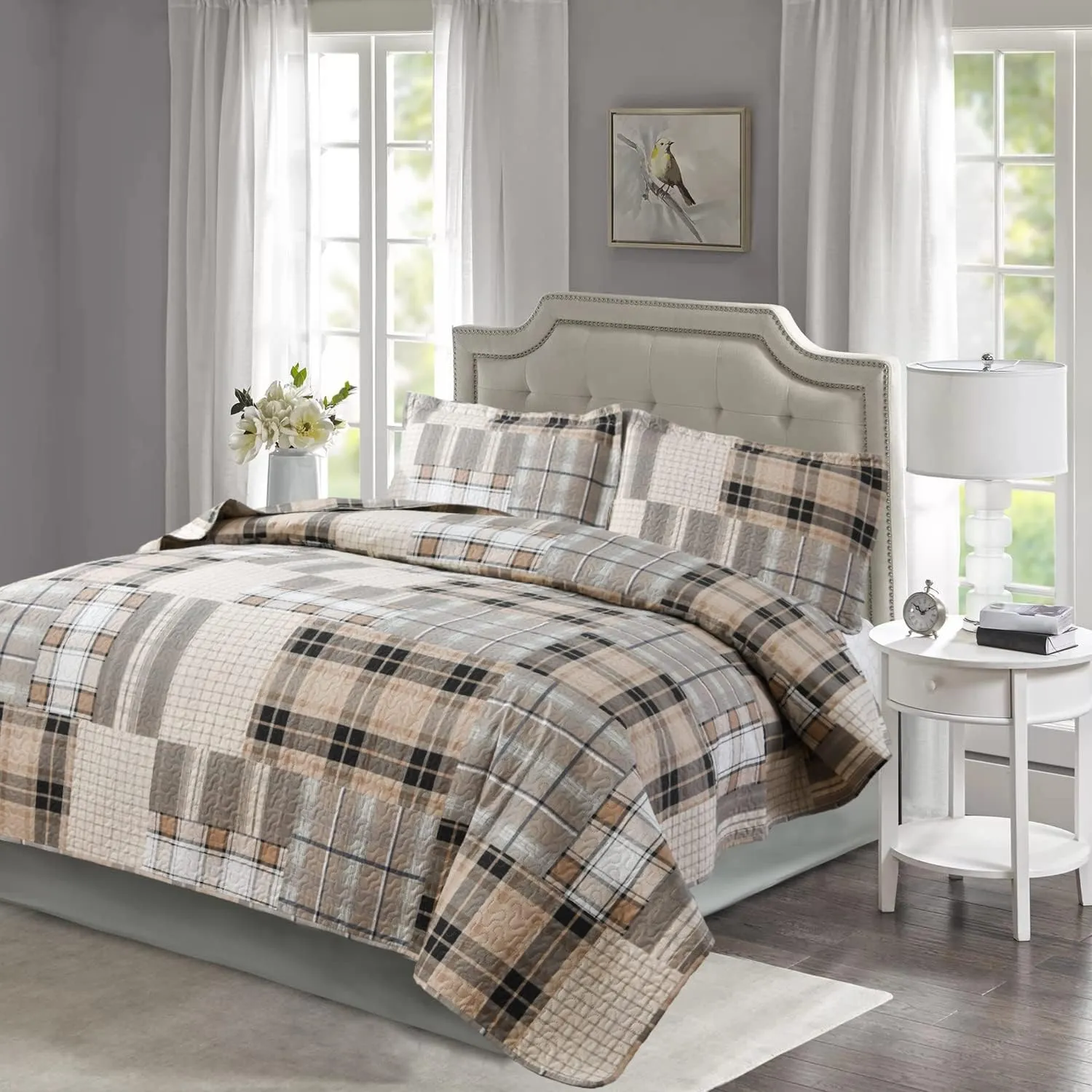 CHESITY King Size Plaid Quilt Set 3-Piece Brown Bedspread Set Reversible Lightweight Striped Quilt Grid Coverlet Patchwork Soft Quilt for Bed (96" x 108")